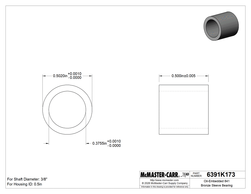 Technical Drawing of Oil-Embedded 841 Bronze Sleeve Bearing, for 3/8" Shaft Diameter and 1/2" Housing ID, 1/2" Long.